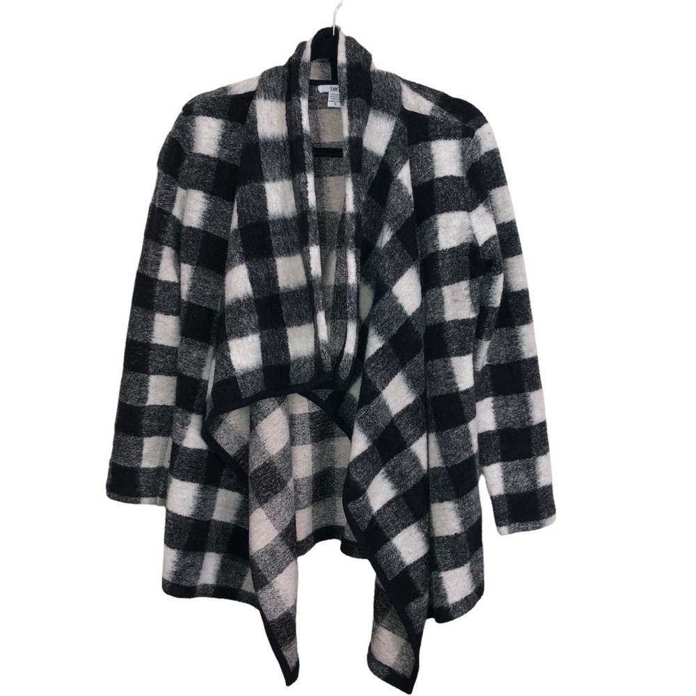 BAR III Black & White Wool Blend Buffalo Plaid Print Open Cardigan Shawl…